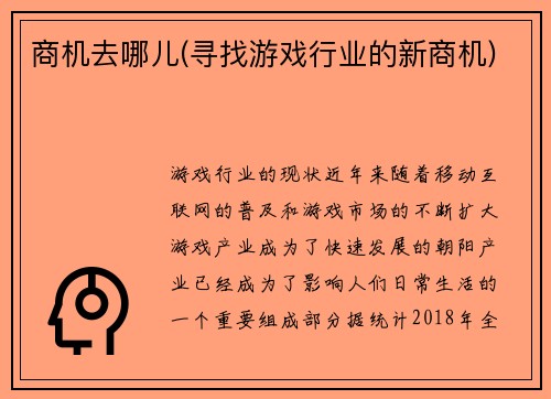 商机去哪儿(寻找游戏行业的新商机)